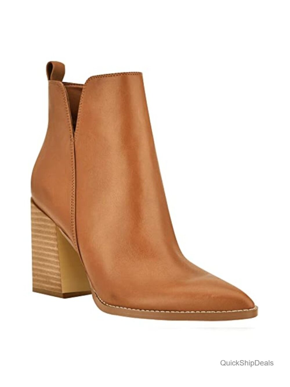 Faux Leather V Cut Ankle Boots Pointed Toe Chunky Heel Side Zipper Western